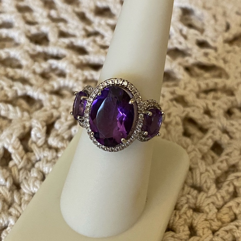 Amethyst and white zircon sterling ring